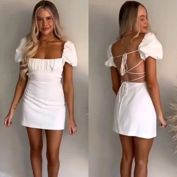 Zara Linen Blend Balloon Sleeve Strappy Back Mini Dress White Blogger Fav Sz M - Picture 1 of 10